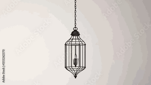 Close-up shot of a black metal and glass hanging lantern against a plain off-white wall. The lantern has a geometric, faceted design. It is suspended by a thin chain. The image is well-lit and shows