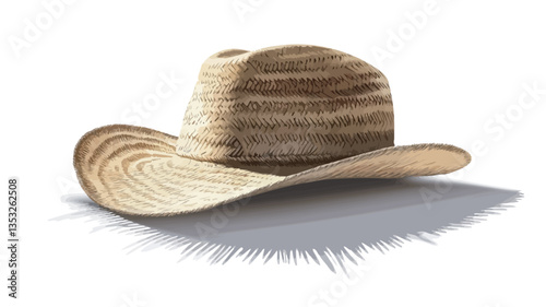A close-up shot of a light brown and beige straw cowboy hat. The hat is shown on a white background with a stylized shadow underneath, suggesting a bright light source. The hat exhibits a woven