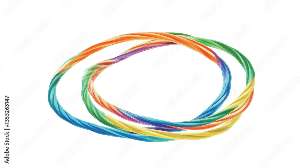 The image shows three intertwined, slightly translucent, rainbow-colored rings forming an oval shape against a white background. The rings are composed of multiple colors blending smoothly into each