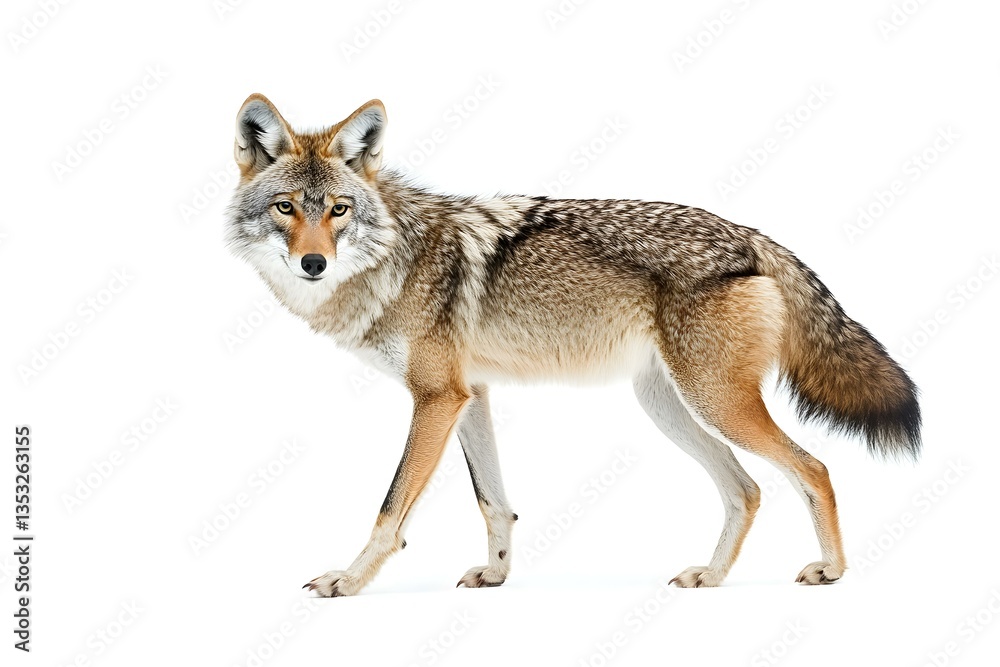 Fototapeta premium A lone coyote Canis latrans isolated on white background walking and hunting