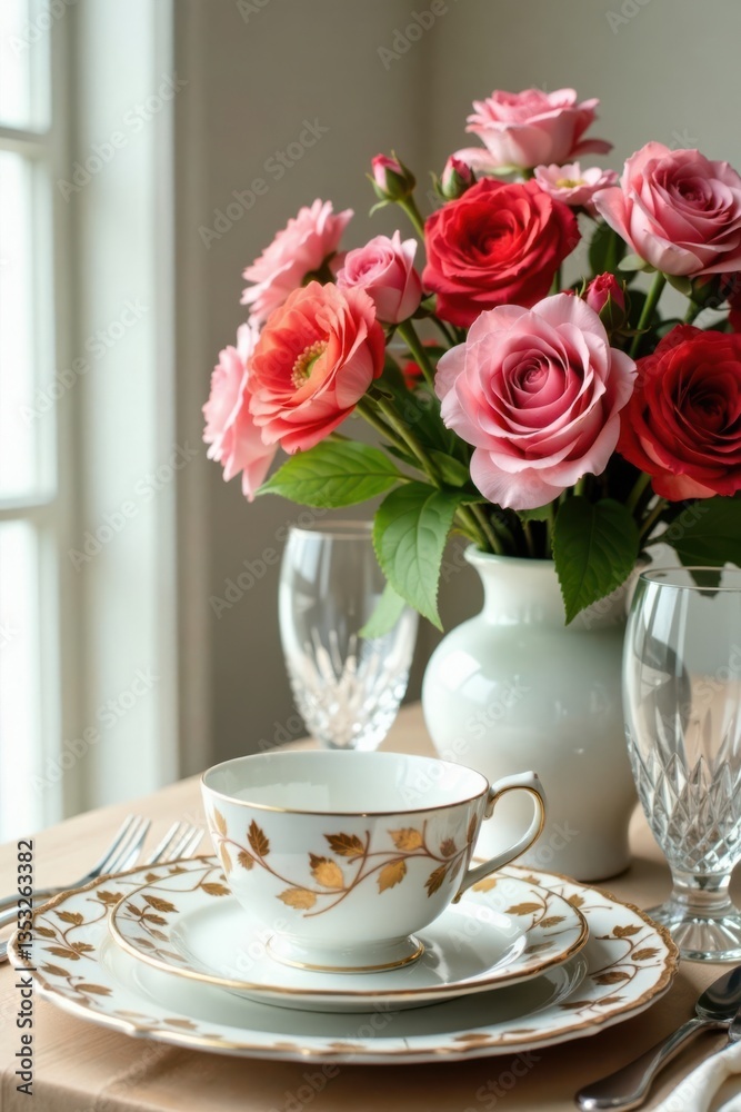 Elegant floral arrangement with leaf-patterned china and crystal glasses , elegant, weddings Elegant floral arrangement with leaf-patterned china and crystal glasses , elegant, weddings