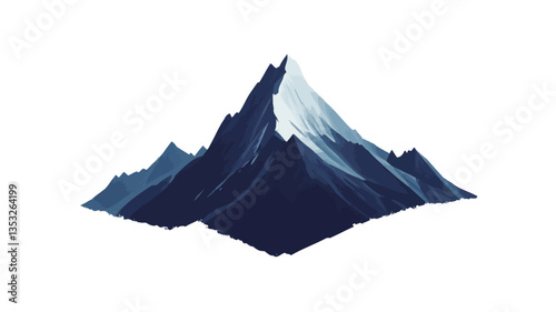 A stylized illustration of a mountain peak. The mountain is depicted in shades of dark blue and navy, with a smaller area of white suggesting snow near the summit. The style is minimalist and