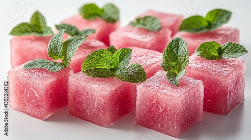 Watermelon cubes arranged neatly on white background, fresh and juicy