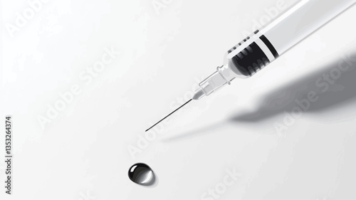 High-angle, close-up view of a medical syringe with a single droplet of liquid dispensed onto a white surface. The image is in monochrome, exhibiting high contrast and sharp detail.  The syringe is