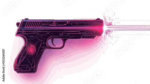 A digital illustration depicting a handgun firing a bullet. The image showcases a dark-pink/purple colored handgun in sharp focus on a clean white background. A bright, white streak representing the
