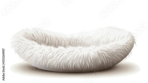 A studio shot of a white, fluffy pet bed. The bed is crescent-shaped and appears to be made of a soft, plush material. The fur is long and uniformly white, with subtle textural variations visible in