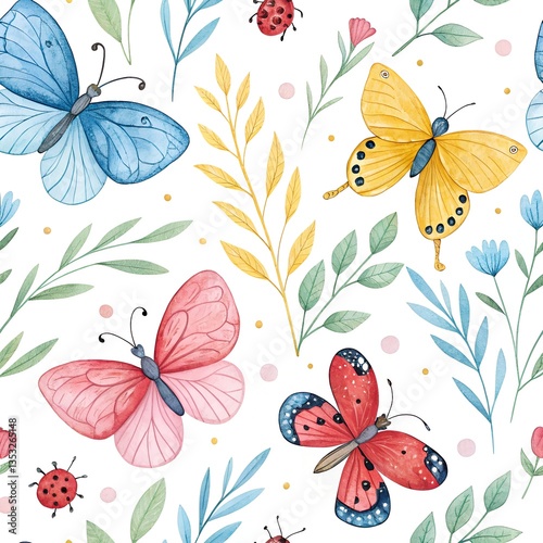 Watercolor colorful butterflies, butterfly, bugs seamless pattern on white background. blue, yellow, pink and red butterfly spring illustration.

