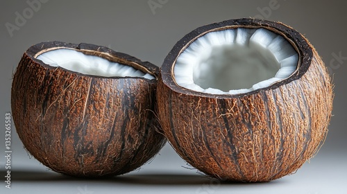 Whole coconut with textured brown shell, isolated on white background