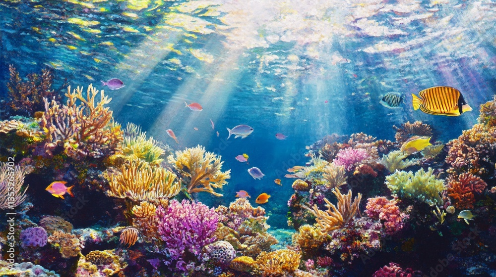 Fototapeta premium Colorful fish swim through a vibrant coral reef scene
