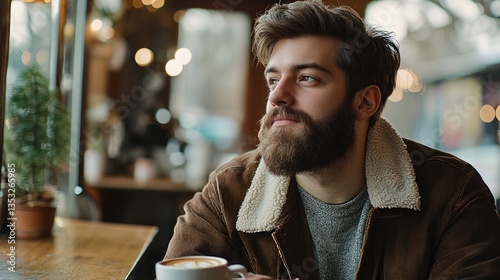 A young hipster with a beard wearing a vintage jacket, sipping coffee in a cozy cafÃ©