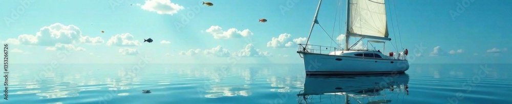 Obraz premium Sailboat anchored in calm waters with fish swimming around it, nature, water, sailboat