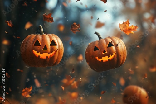 Floating Jack-o'-lanterns in Autumnal Forest photo