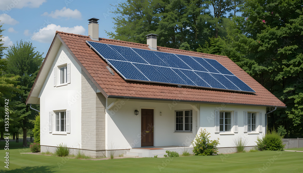 solar panels on a roof. Simple white colored house with solar panel on the roof in the middle of nowhere woods. solar panels on a roof. Simple white colored house with solar panel on the roof in the middle of nowhere woods.