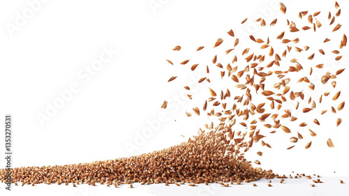 The image shows a stream of wheat grains in motion against a white background.  A large pile of grains is at the bottom, with smaller grains scattered and flowing upwards and to the right, creating