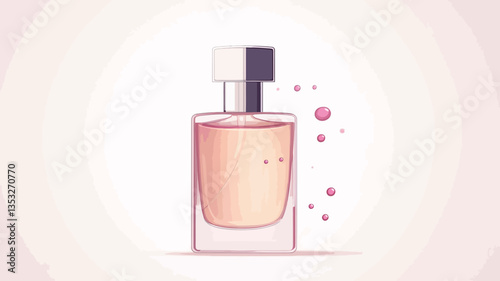 A digital illustration depicting a rectangular perfume bottle with a light peach-colored liquid inside. The bottle has a clear, slightly pinkish glass body and a two-toned black and white cap.
