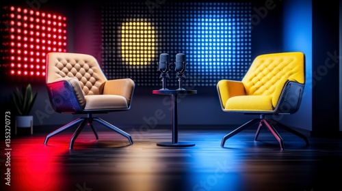 Podcast Studio  Two Chairs  Microphones  Colorful LED Wall