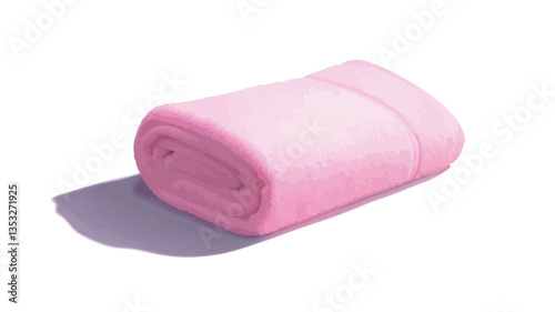 Close-up studio shot of a light pink fleece blanket rolled neatly. The blanket appears soft and plush with a subtle texture visible. The background is pure white, with a soft shadow cast beneath the