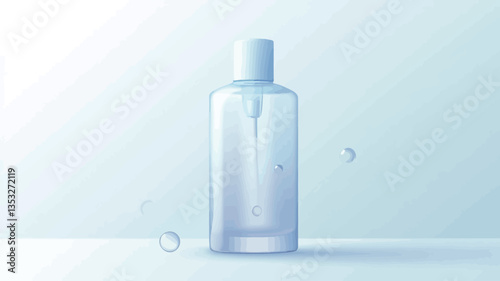 A digital rendering of a transparent, rectangular cosmetic bottle with a white cap and a dropper. The bottle is shown on a light-blue background with several small, translucent droplets floating