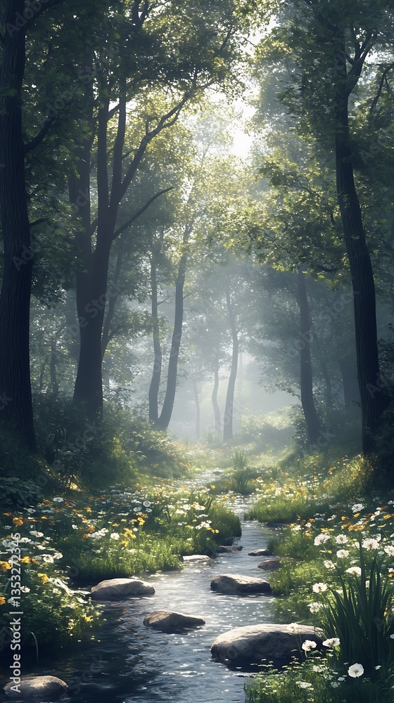Fototapeta premium Misty forest stream path (1)