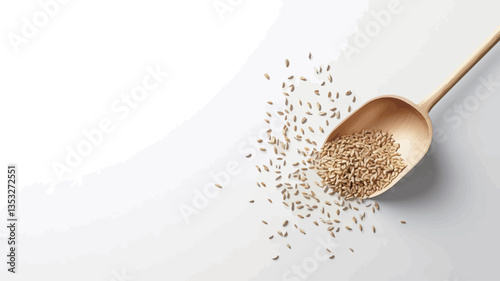 High-angle, close-up view of a light-colored wooden scoop filled with small, light brown grains.  Some grains are spilled onto a clean, white surface, creating a scattered pattern. The image is