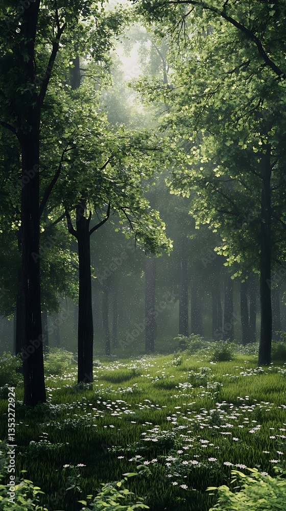 Obraz premium Sunlit Forest Path Through Lush Trees