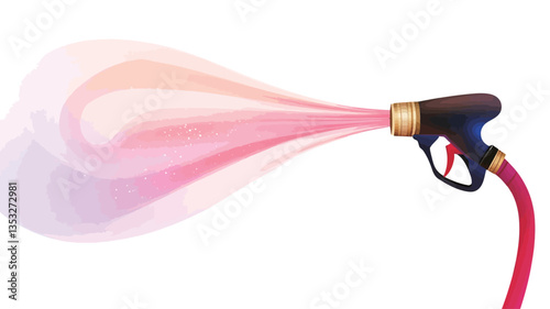 Close-up view of a paint spray gun angled to the left, emitting a vibrant, pastel-colored spray. The spray is depicted as a dynamic, flowing stream with a soft, diffused edge, suggesting movement