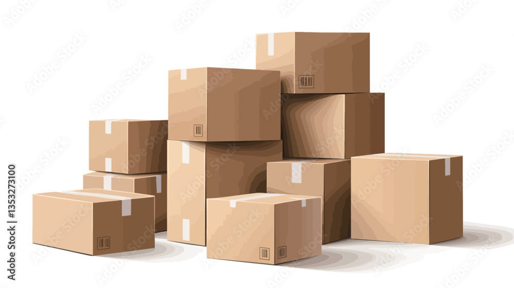 The image shows a digitally rendered pile of various sized, light brown cardboard boxes against a plain white background. The boxes are depicted with visible flaps and some show tape sealing them. The image shows a digitally rendered pile of various sized, light brown cardboard boxes against a plain white background. The boxes are depicted with visible flaps and some show tape sealing them.