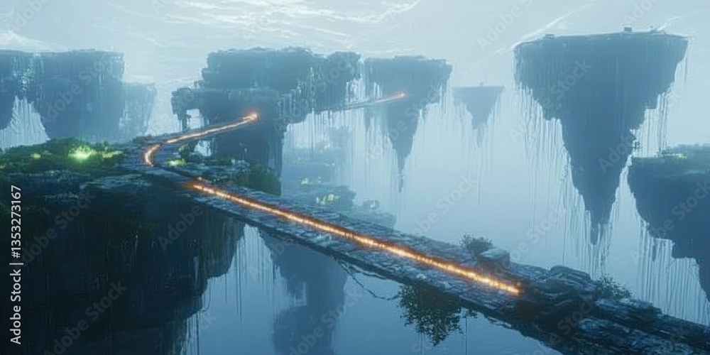 Fototapeta premium A sci-fi world where floating islands are connected by glowing bridges suspended in mid-air