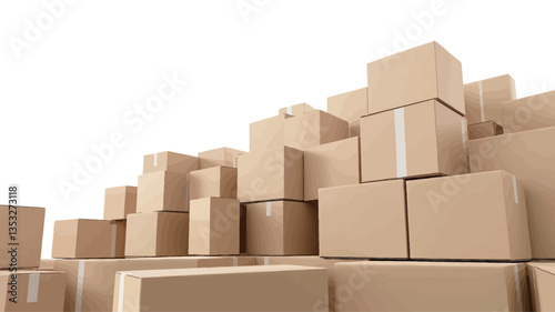 A digitally rendered image depicting a large stack of uniformly sized, light brown cardboard boxes against a pure white background. The boxes are arranged in an irregular, ascending pattern,