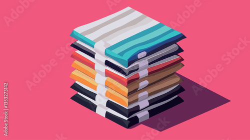 Isometric illustration depicting a stack of fabric bundles. Each bundle is composed of different colored fabrics with visible stripes and textures. The bundles are stacked neatly on top of each
