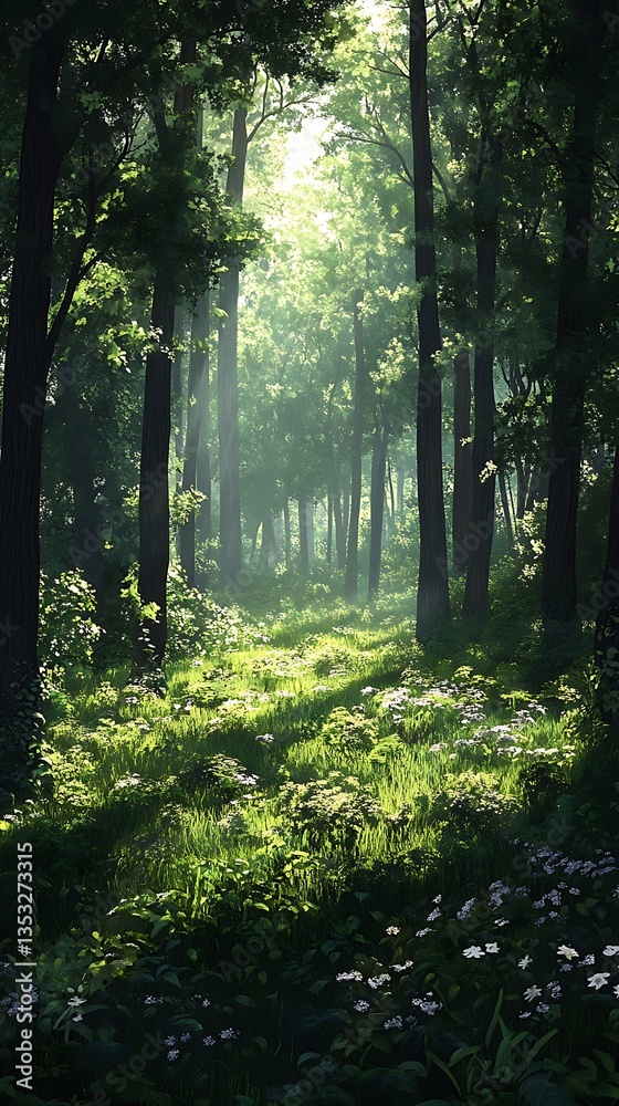 Obraz premium Sunlight path through lush forest