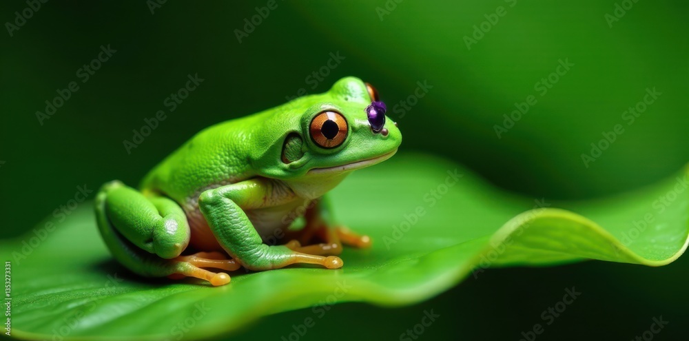 Green frog resting on a small wavy green leaf, wildlife stock, green frog Green frog resting on a small wavy green leaf, wildlife stock, green frog