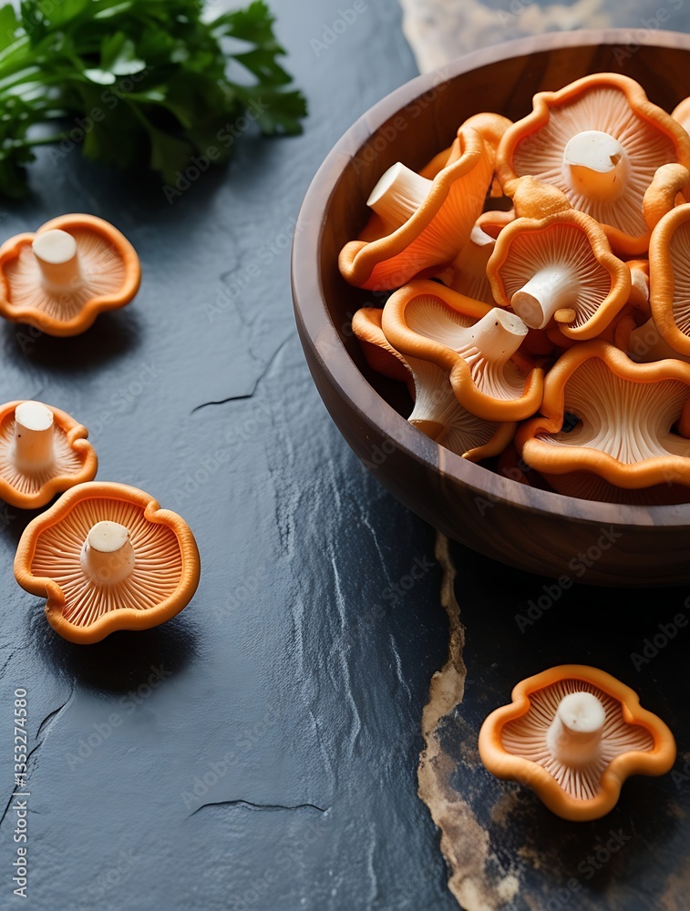 Fototapeta premium Fresh golden chanterelle mushrooms in a rustic wooden bowl on a dark slate surface, highlighting their vibrant orange color and delicate texture, perfect for gourmet cuisine and organic food concepts 