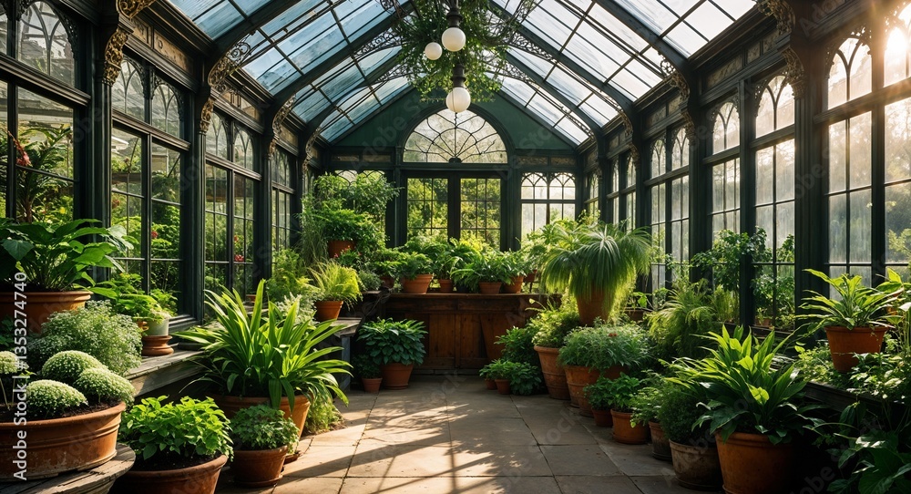 Sunlit Victorian greenhouse with lush plants and wrought iron frames Sunlit Victorian greenhouse with lush plants and wrought iron frames