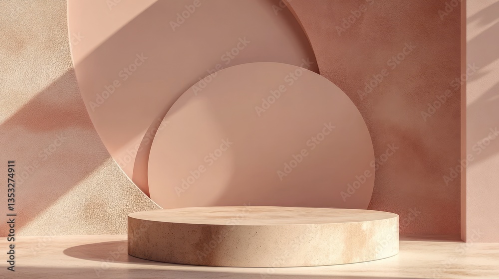 Fototapeta premium Minimalist wooden podium, soft pastel background, product display, studio shot