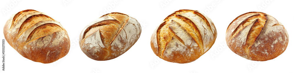 Four loaves of goldenbrown sourdough bread, displaying crusty texture and scored tops Four loaves of goldenbrown sourdough bread, displaying crusty texture and scored tops