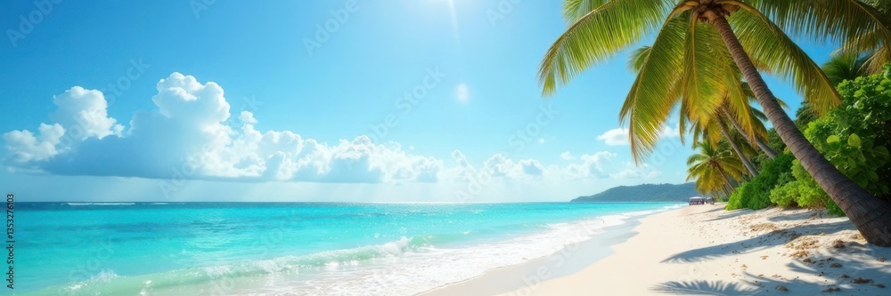 Sunny day at tropical beach with palm trees and ocean waves, wave, palm fronds Sunny day at tropical beach with palm trees and ocean waves, wave, palm fronds
