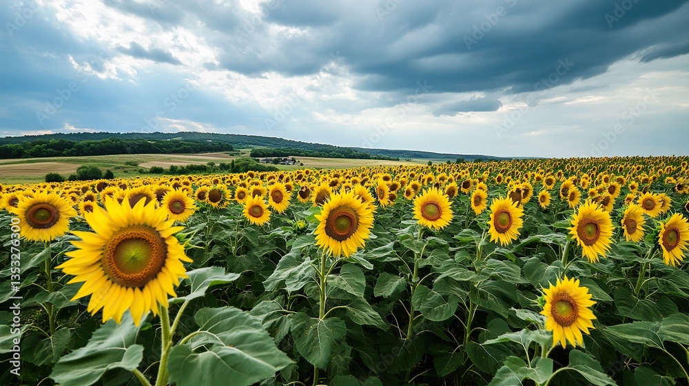 Fototapeta premium Sunflowers create a fascinating scene. Vibrant yellow petals and green foliage stand out, and the hills in the distance are softly focused. Captures the beauty, warmth, calmness and serenity of nature