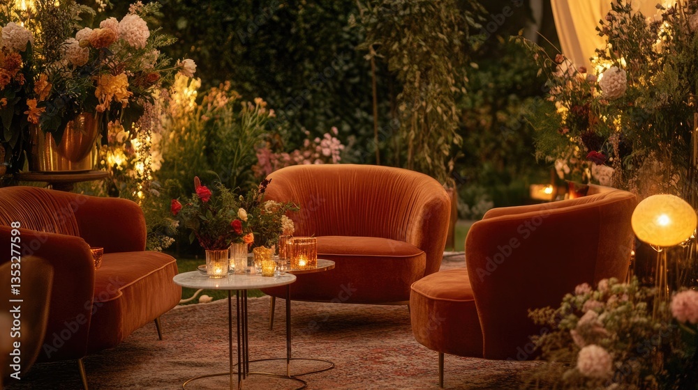 A festival VIP lounge with stylish seating, elegant decorations, and ambient lighting.