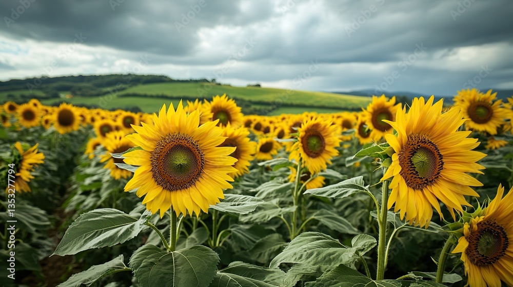 Fototapeta premium Sunflowers create a fascinating scene. Vibrant yellow petals and green foliage stand out, and the hills in the distance are softly focused. Captures the beauty, warmth, calmness and serenity of nature