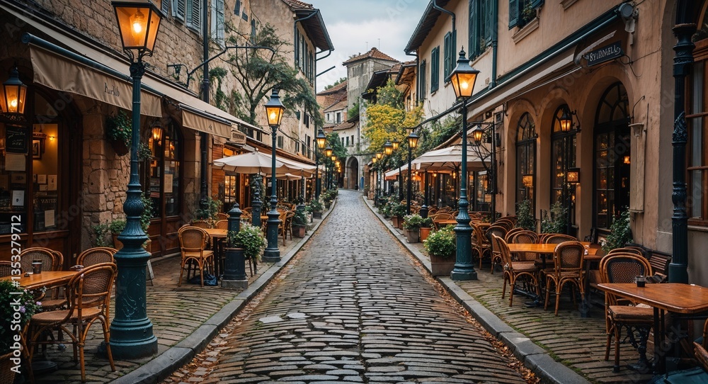 Fototapeta premium Vintage cobblestone street lined with oldfashioned lampposts and quaint cafes