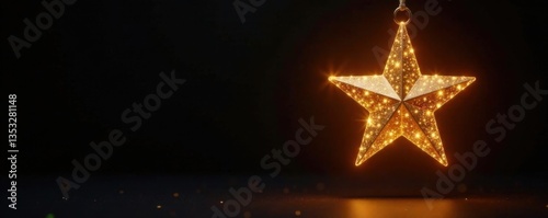 Golden light hanging from a star-shaped decoration on black background, starlight, luminous, glow