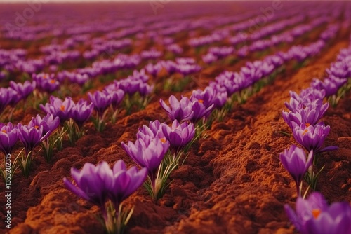Numerous blooming purple flowers populate the rows in a field landscape