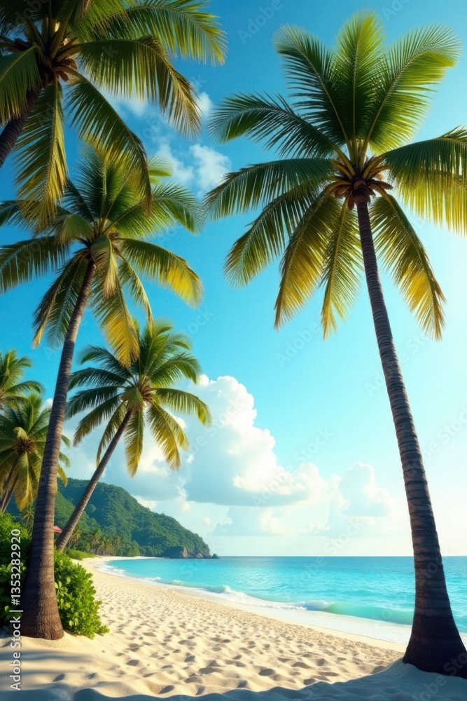 Obraz premium Palm trees sway gently in the warm tropical breeze, sunset, film texture