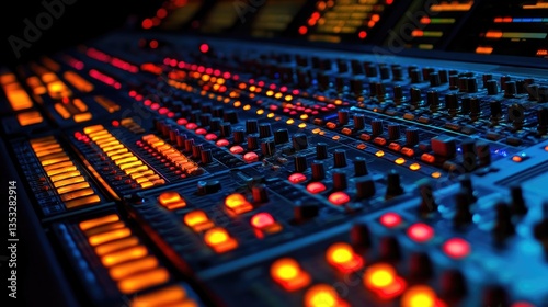 A high-tech digital mixing console glowing in the control booth of a performance venue.