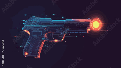 A digital rendering of a semi-automatic handgun depicted in a three-quarter perspective view. The handgun is rendered in a stylized, futuristic style, with neon blue and red highlights outlining its