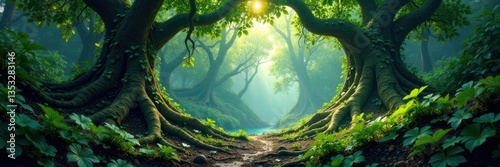 Roots and vines surround a gaping hole under a towering canopy , green, foliage