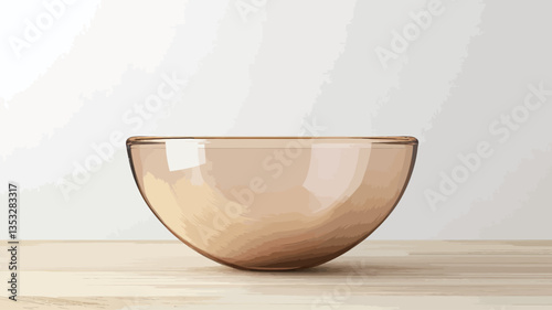 A studio shot of a wide, shallow amber-colored glass bowl sitting on a light beige wooden surface. The bowl is transparent with a slight amber tint, showing a subtle gradation of color. The