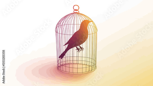 A digital illustration depicting a dark silhouette of a bird inside a wire cage. The cage is rendered with a metallic sheen. The background is a soft gradient transitioning from warm orange tones to