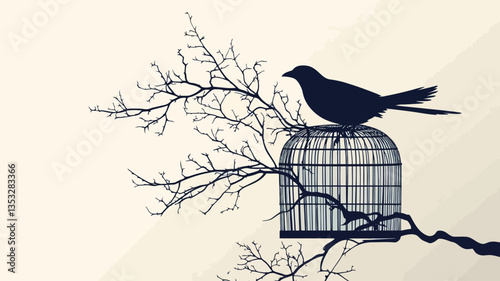 The image is a minimalist illustration featuring a dark silhouette of a bird perched on a bare, leafless branch.  A small, empty birdcage sits below the branch. The background is a light beige or
